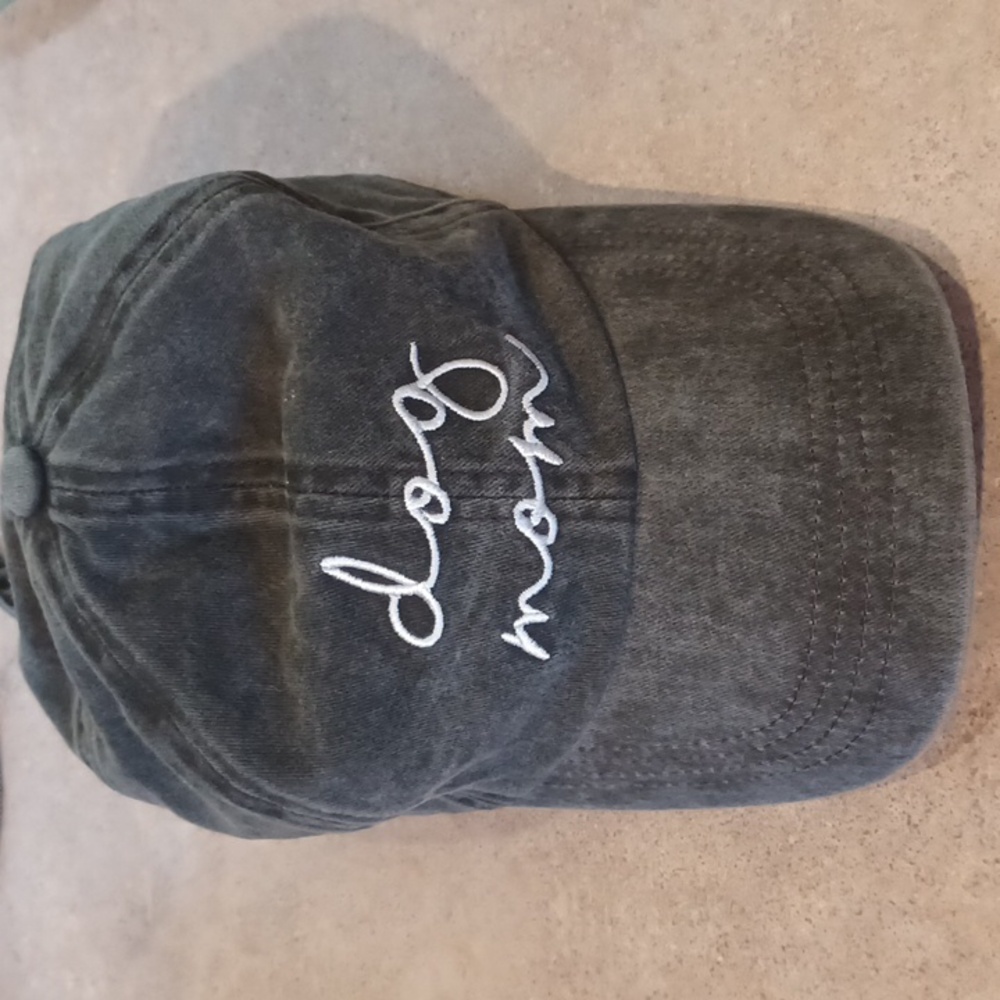 "Dog Mom" Embroidered and Distressed Charcoal Gray Adjustable Hat - Picture 1 of 6